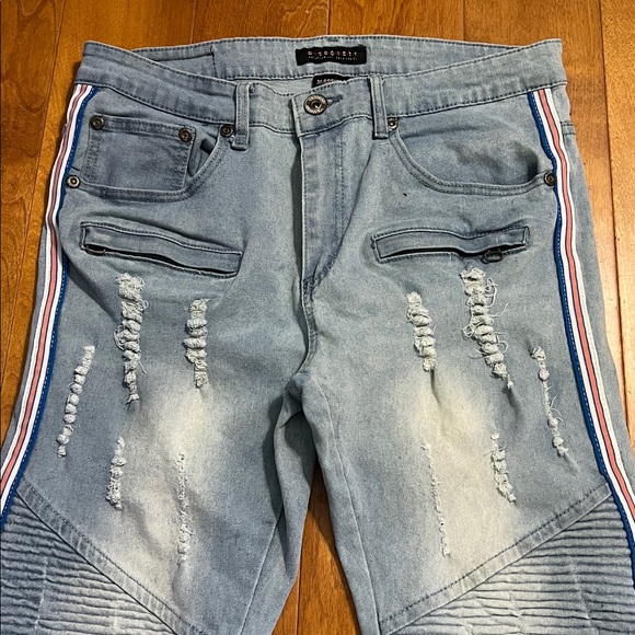 M. Society Moto Skinny Distressed Jeans Size 34 x 42 Men’s Trendy Light Wash - Picture 2 of 7